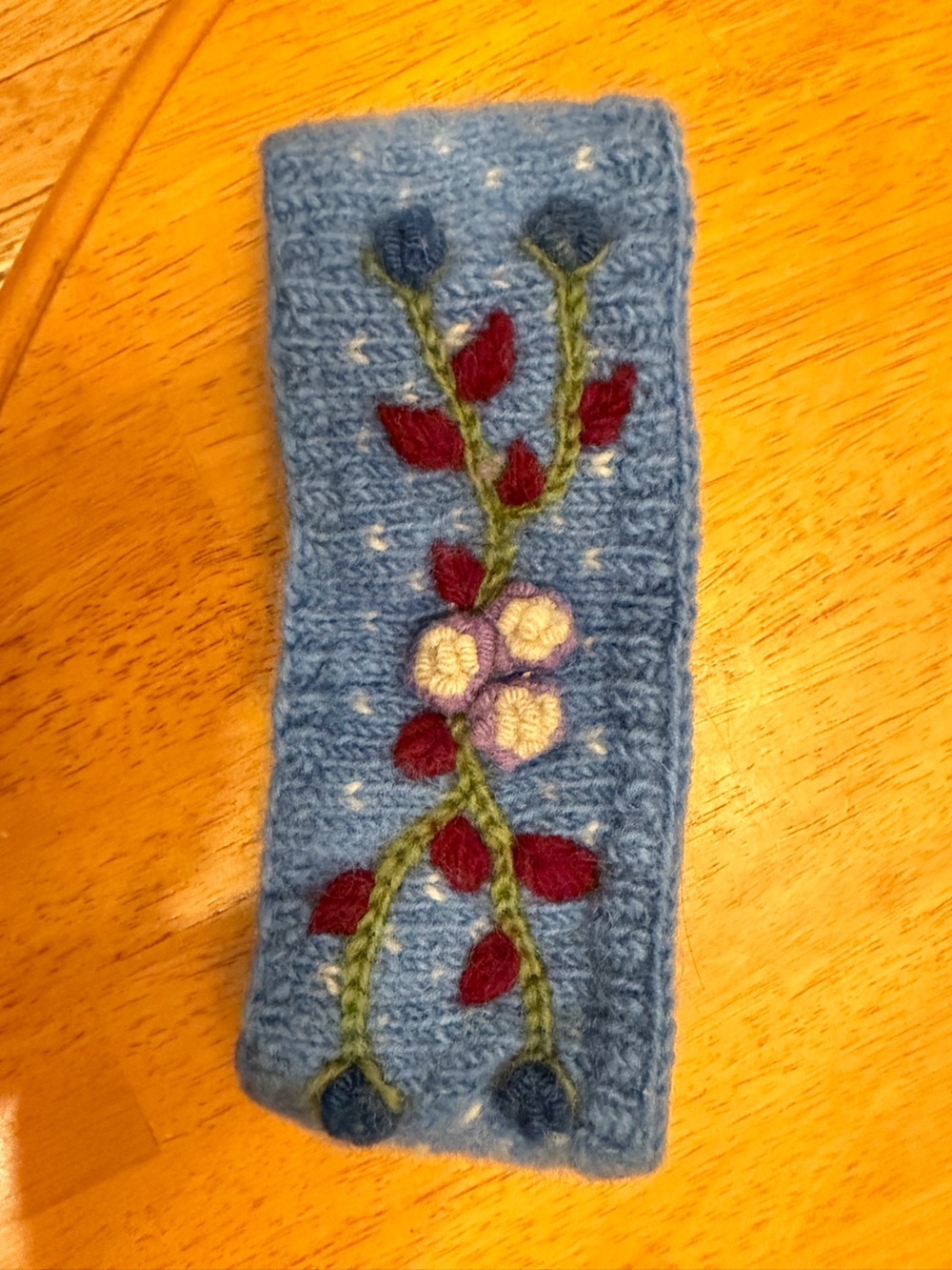 Embroidered Blue Knit Headband with Floral Detail